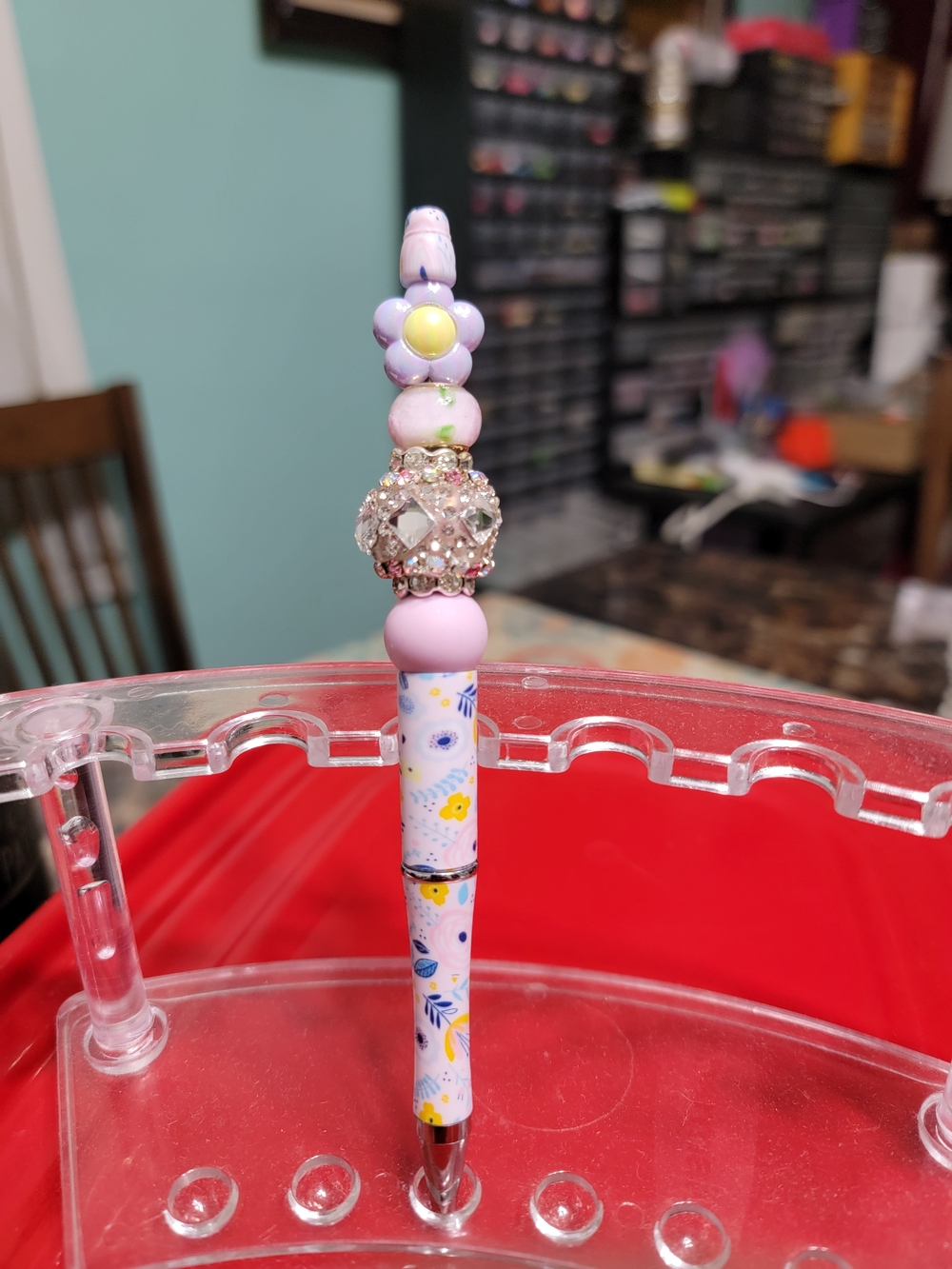 Pink Floral Beaded Pen - Cute Flower Top - Picture 2 of 3